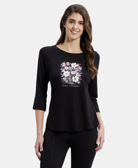 Micro Modal Cotton Relaxed Fit Graphic Printed Round Neck Three Quarter Sleeve T-Shirt - Black-1