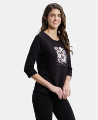 Micro Modal Cotton Relaxed Fit Graphic Printed Round Neck Three Quarter Sleeve T-Shirt - Black-2