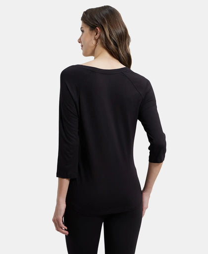 Micro Modal Cotton Relaxed Fit Graphic Printed Round Neck Three Quarter Sleeve T-Shirt - Black-3