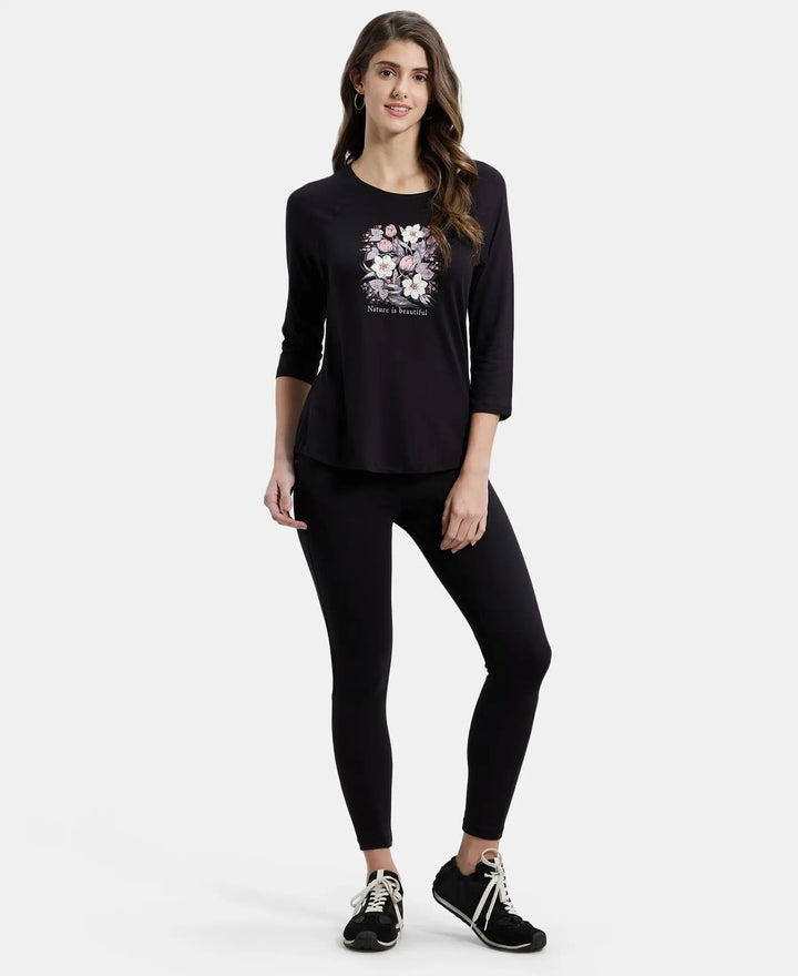 Micro Modal Cotton Relaxed Fit Graphic Printed Round Neck Three Quarter Sleeve T-Shirt - Black-4