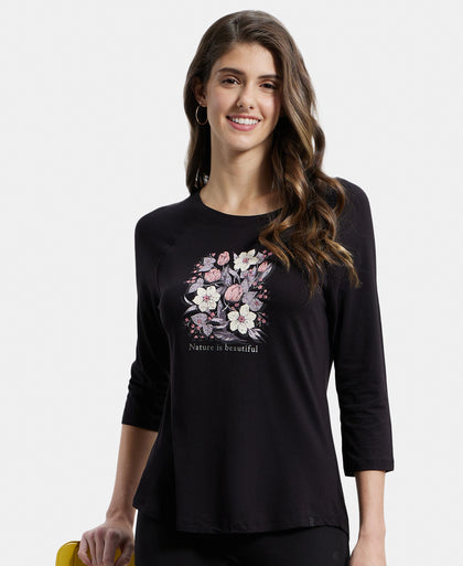 Micro Modal Cotton Relaxed Fit Graphic Printed Round Neck Three Quarter Sleeve T-Shirt - Black-5