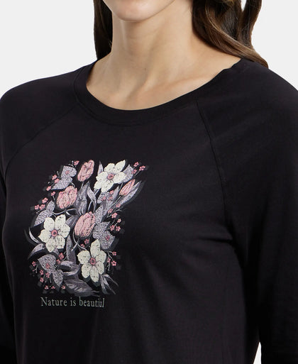 Micro Modal Cotton Relaxed Fit Graphic Printed Round Neck Three Quarter Sleeve T-Shirt - Black-6