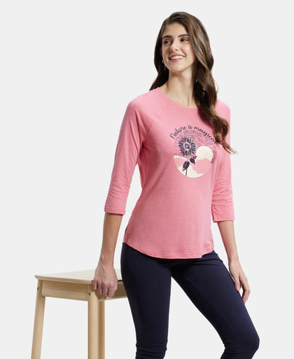 Micro Modal Cotton Relaxed Fit Graphic Printed Round Neck Three Quarter Sleeve T-Shirt - CamRose Melange-5