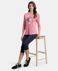 Micro Modal Cotton Relaxed Fit Graphic Printed Round Neck Three Quarter Sleeve T-Shirt - CamRose Melange-6