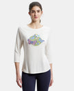 Micro Modal Cotton Relaxed Fit Graphic Printed Round Neck Three Quarter Sleeve T-Shirt - Ecru Melange-1
