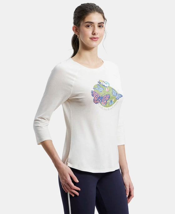 Micro Modal Cotton Relaxed Fit Graphic Printed Round Neck Three Quarter Sleeve T-Shirt - Ecru Melange-2