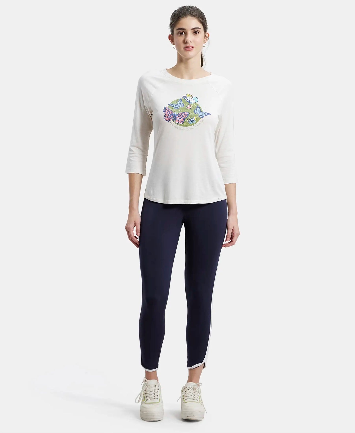 Micro Modal Cotton Relaxed Fit Graphic Printed Round Neck Three Quarter Sleeve T-Shirt - Ecru Melange-4