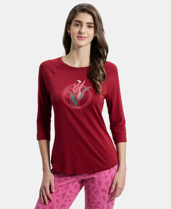Micro Modal Cotton Relaxed Fit Graphic Printed Round Neck Three Quarter Sleeve T-Shirt - Rhubarb-1