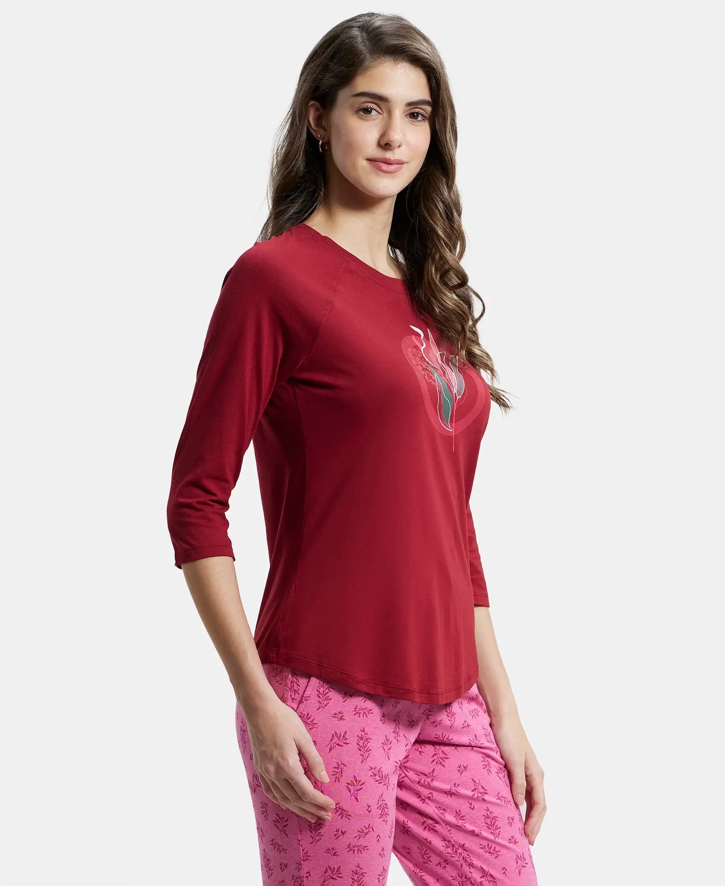 Micro Modal Cotton Relaxed Fit Graphic Printed Round Neck Three Quarter Sleeve T-Shirt - Rhubarb-2