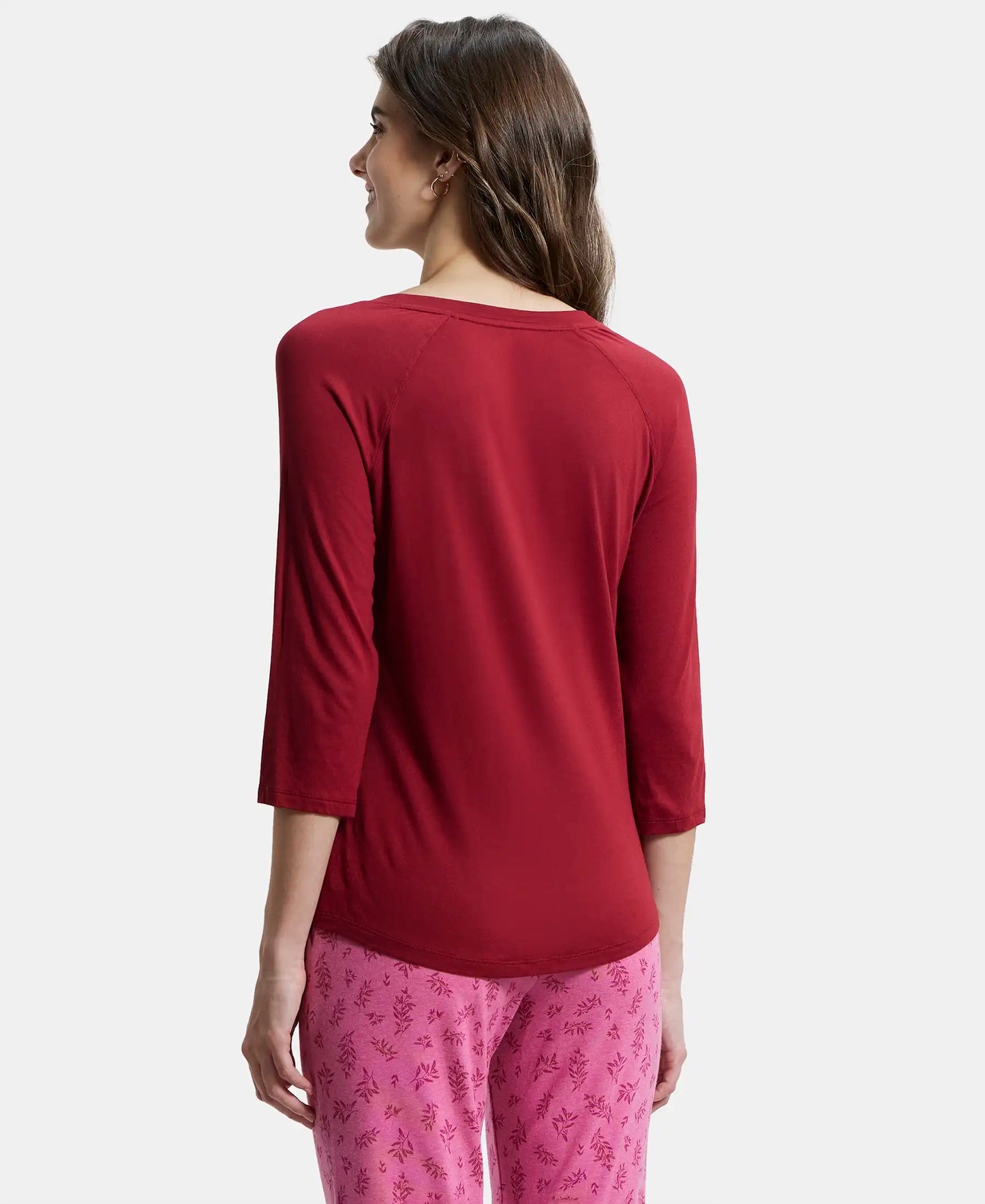 Micro Modal Cotton Relaxed Fit Graphic Printed Round Neck Three Quarter Sleeve T-Shirt - Rhubarb-3