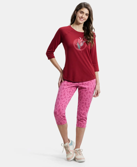 Micro Modal Cotton Relaxed Fit Graphic Printed Round Neck Three Quarter Sleeve T-Shirt - Rhubarb-4