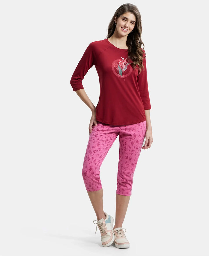 Micro Modal Cotton Relaxed Fit Graphic Printed Round Neck Three Quarter Sleeve T-Shirt - Rhubarb-4