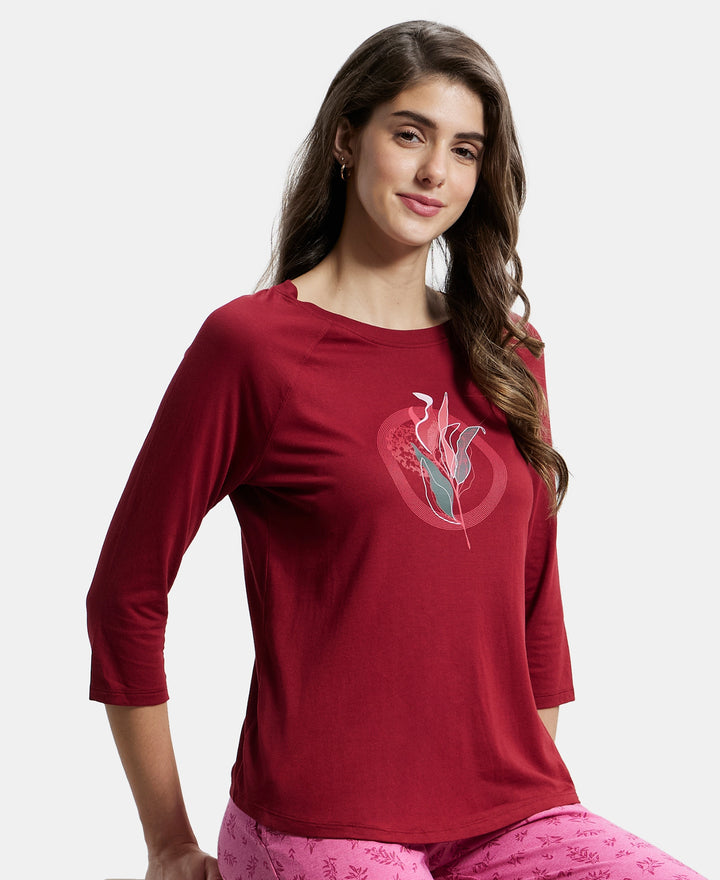 Micro Modal Cotton Relaxed Fit Graphic Printed Round Neck Three Quarter Sleeve T-Shirt - Rhubarb-5