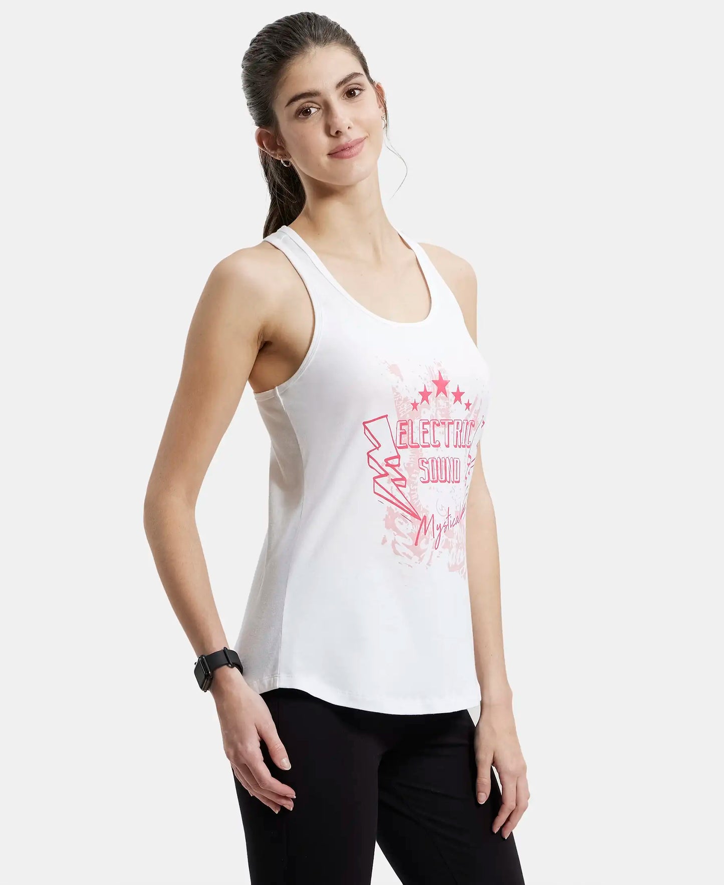 Super Combed Cotton Graphic Printed Racerback Styled Tank Top - White-2
