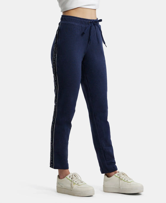 Super Combed Cotton Elastane French Terry Straight Fit Trackpants with Side Pockets - Ink Blue Melange-2