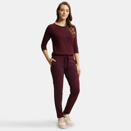 Super Combed Cotton Elastane French Terry Straight Fit Trackpants with Side Pockets - Wine Tasting-6
