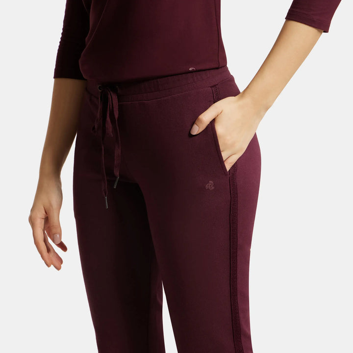 Super Combed Cotton Elastane French Terry Straight Fit Trackpants with Side Pockets - Wine Tasting-7