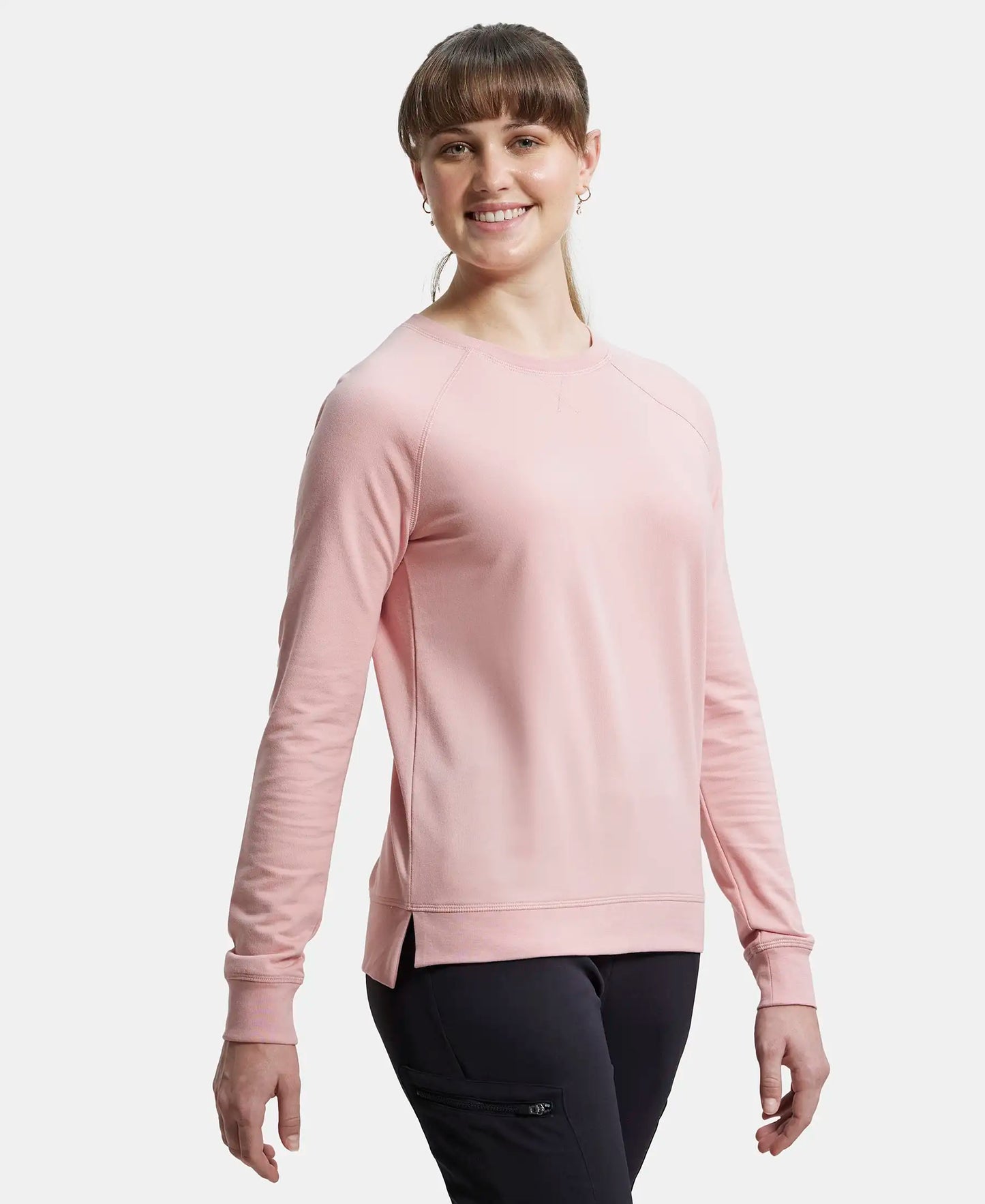 Super Combed Cotton Rich French Terry Fabric Solid Sweatshirt with Raglan Sleeve Styling - Blush-2
