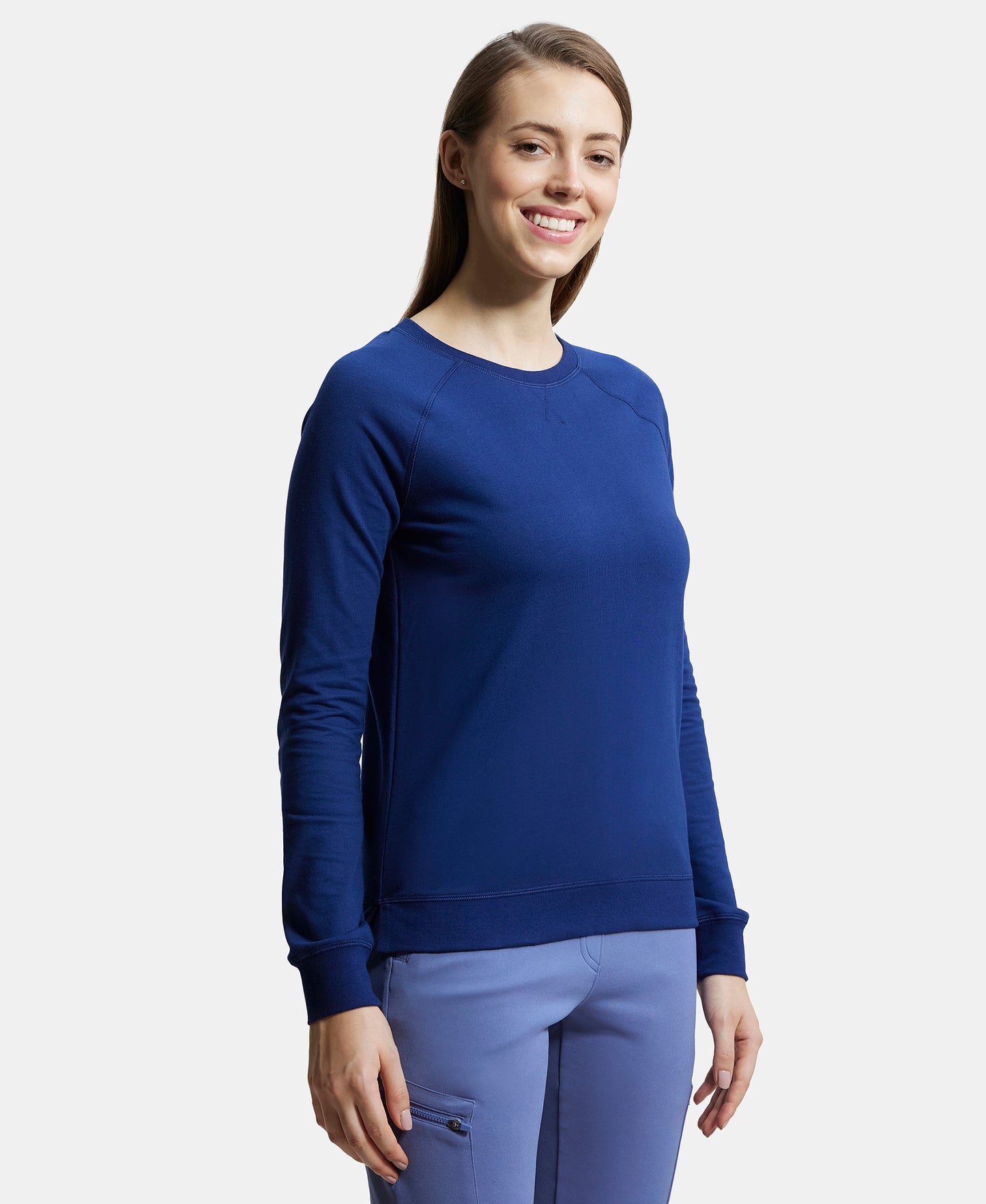 Super Combed Cotton Rich French Terry Fabric Solid Sweatshirt with Raglan Sleeve Styling - Medieval Blue-2