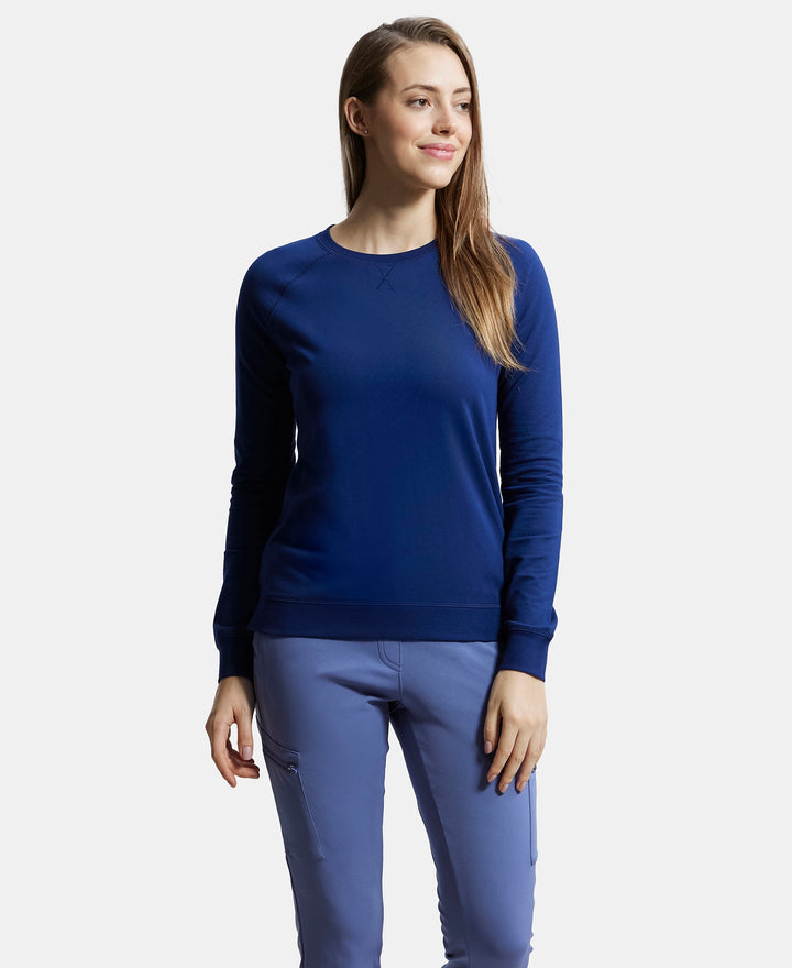 Super Combed Cotton Rich French Terry Fabric Solid Sweatshirt with Raglan Sleeve Styling - Medieval Blue-6