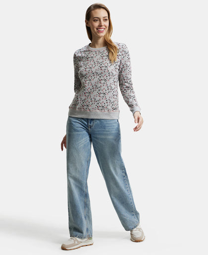 Super Combed Cotton Elastane Stretch French Terry Fabric Printed Sweatshirt with Ribbed Cuffs - Light Grey Melange-6