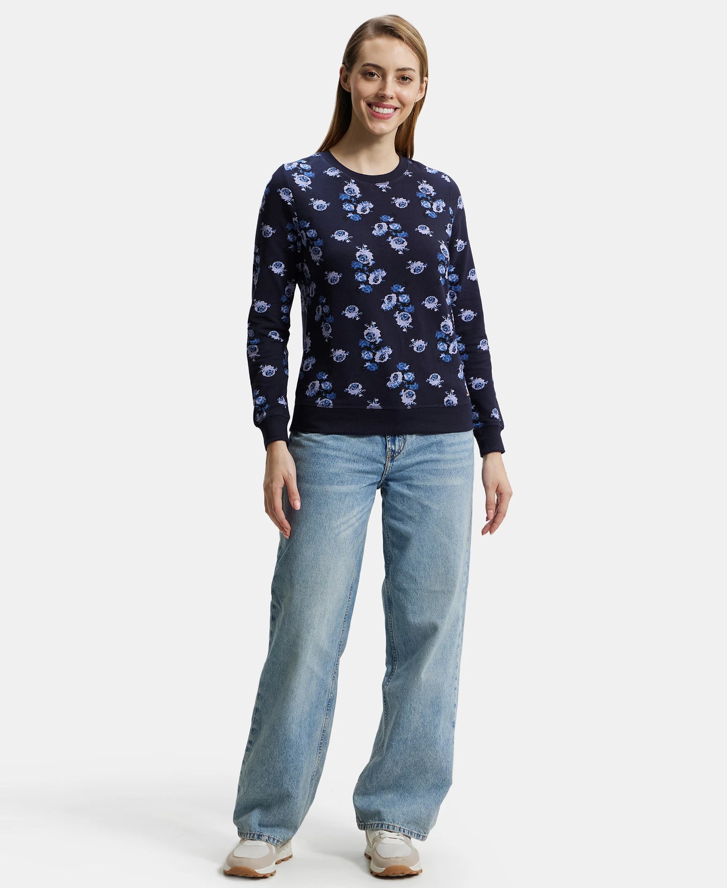 Super Combed Cotton Elastane Stretch French Terry Fabric Printed Sweatshirt with Ribbed Cuffs - Navy Blazer-6
