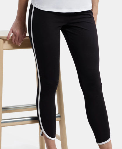 Super Combed Cotton Elastane Leggings with Contrast Side Piping - Black-5