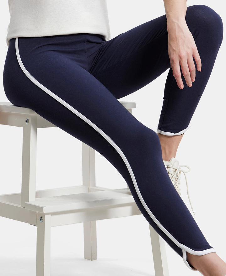 Super Combed Cotton Elastane Leggings with Contrast Side Piping - Navy Blazer-5