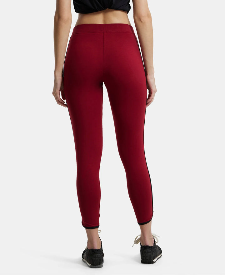 Super Combed Cotton Elastane Leggings with Contrast Side Piping - Rhubarb-3