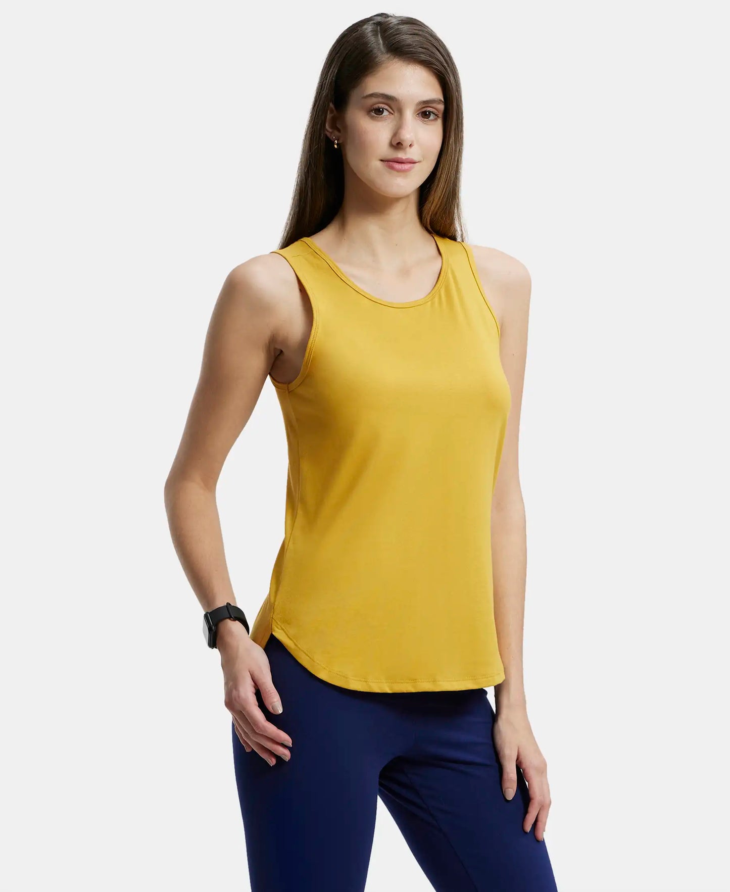 Super Combed Cotton Rich Solid Curved Hem Styled Tank Top - Golden Spice-2