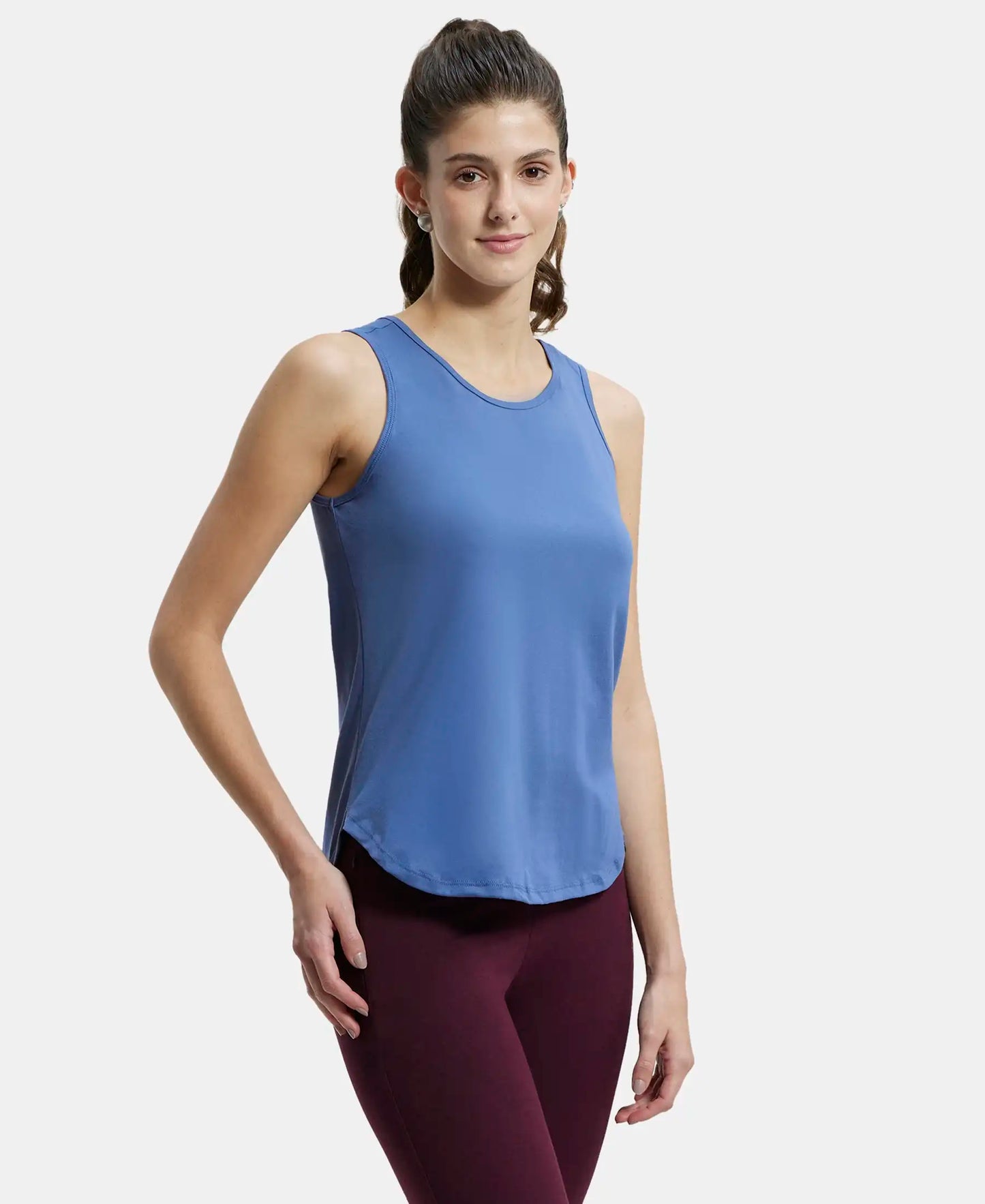 Super Combed Cotton Rich Solid Curved Hem Styled Tank Top - Topaz Blue-2