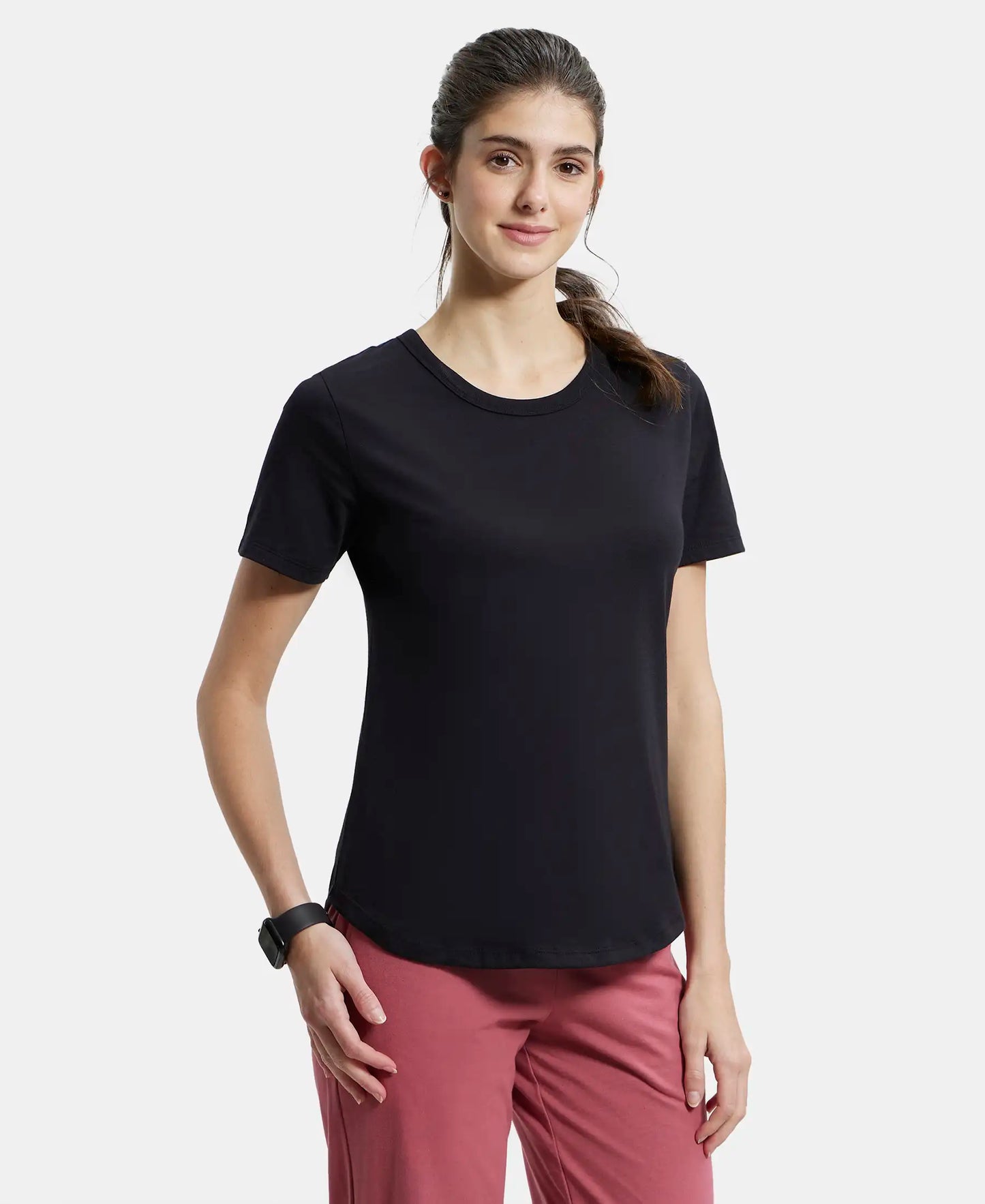 Super Combed Cotton Rich Relaxed Fit Solid Curved Hem Styled Half Sleeve T-Shirt - Black-2