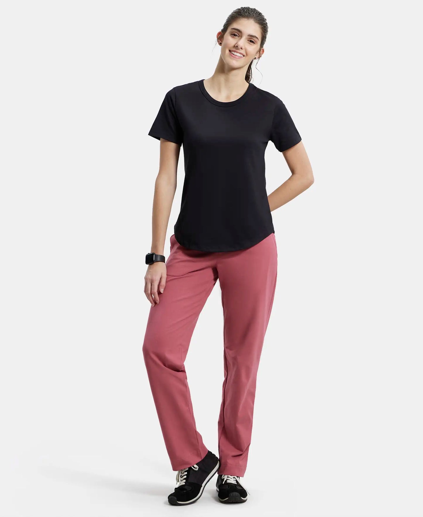 Super Combed Cotton Rich Relaxed Fit Solid Curved Hem Styled Half Sleeve T-Shirt - Black-4