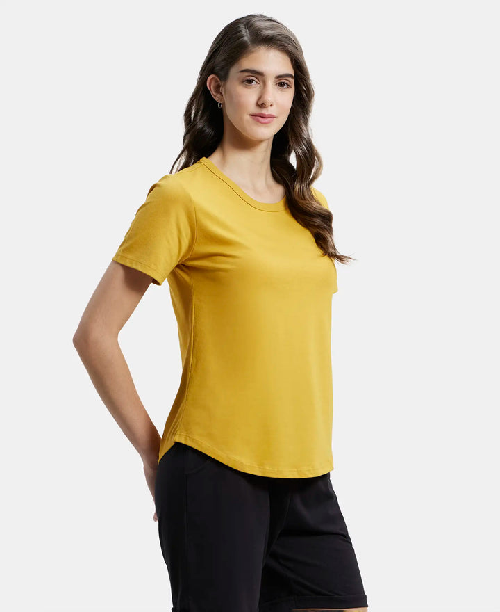 Super Combed Cotton Rich Relaxed Fit Solid Curved Hem Styled Half Sleeve T-Shirt - Golden Spice-2