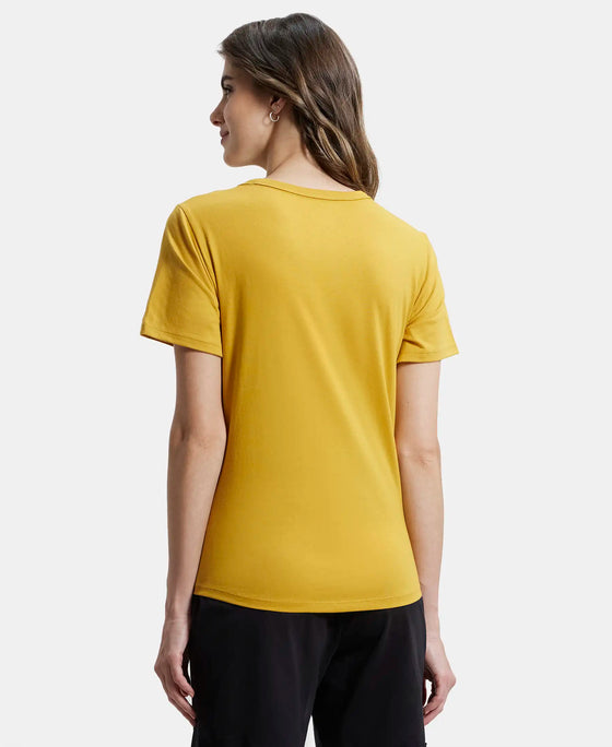 Super Combed Cotton Rich Relaxed Fit Solid Curved Hem Styled Half Sleeve T-Shirt - Golden Spice-3