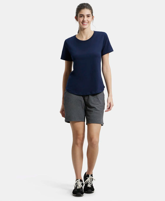 Super Combed Cotton Rich Relaxed Fit Solid Curved Hem Styled Half Sleeve T-Shirt - Navy Blazer-4
