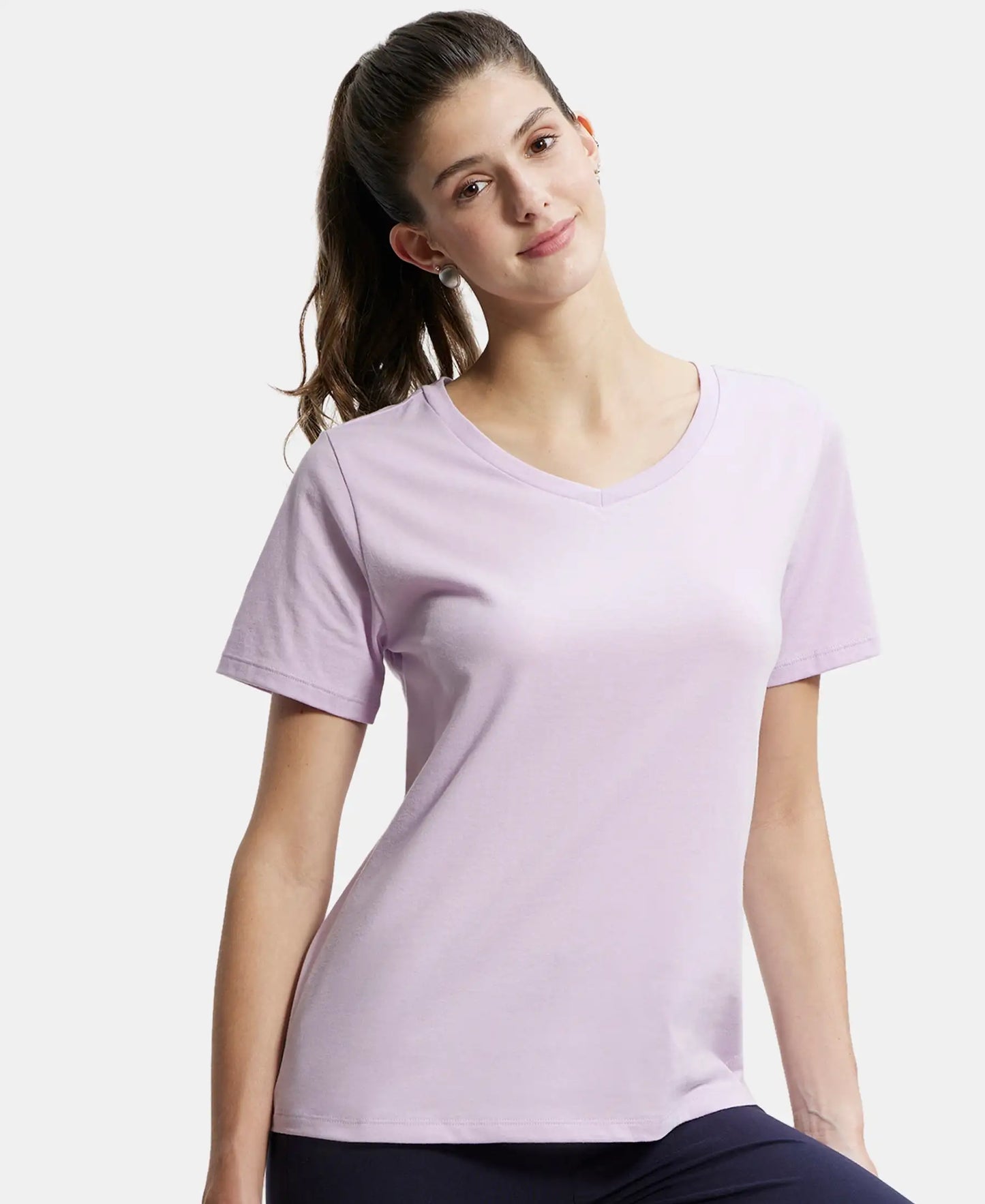 Super Combed Cotton Rich Relaxed Fit Solid Curved Hem Styled Half Sleeve T-Shirt - Orchid Bloom-5