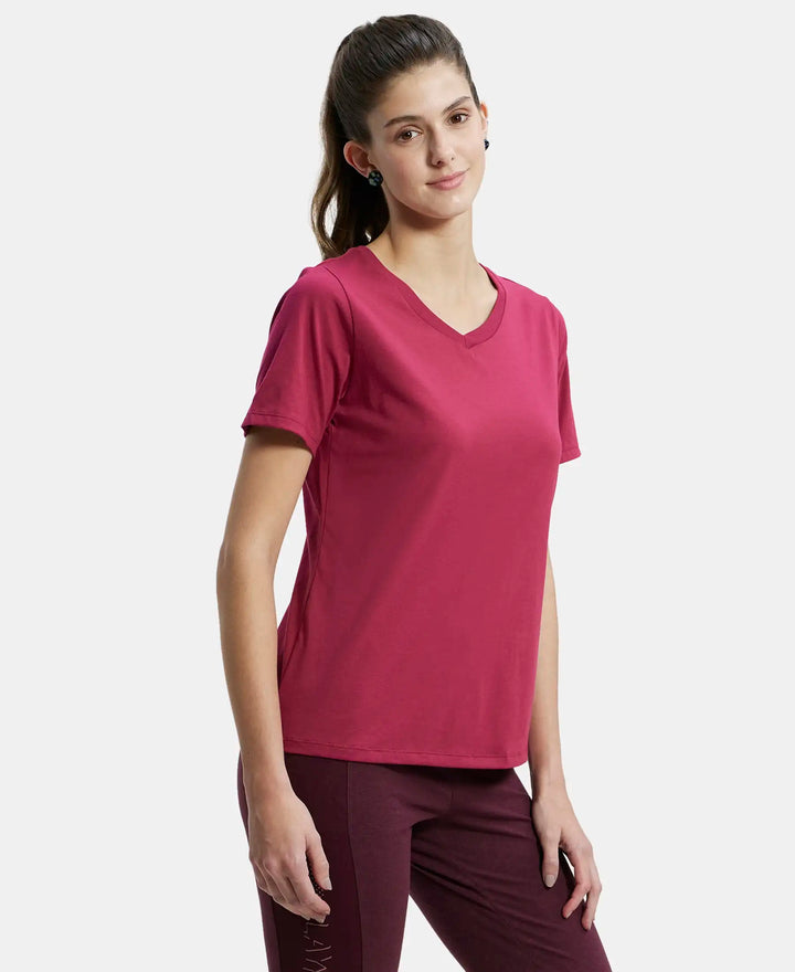 Super Combed Cotton Rich Relaxed Fit Solid Curved Hem Styled Half Sleeve T-Shirt - Red Plum-2