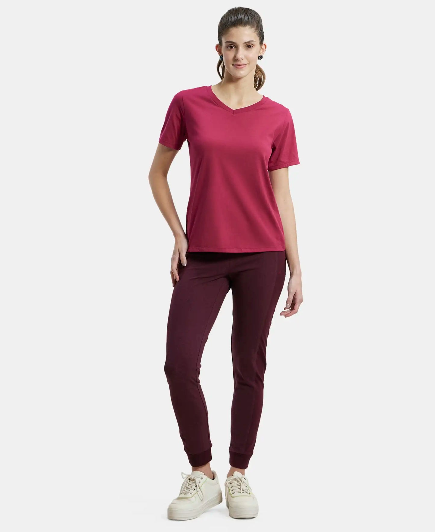 Super Combed Cotton Rich Relaxed Fit Solid Curved Hem Styled Half Sleeve T-Shirt - Red Plum-4