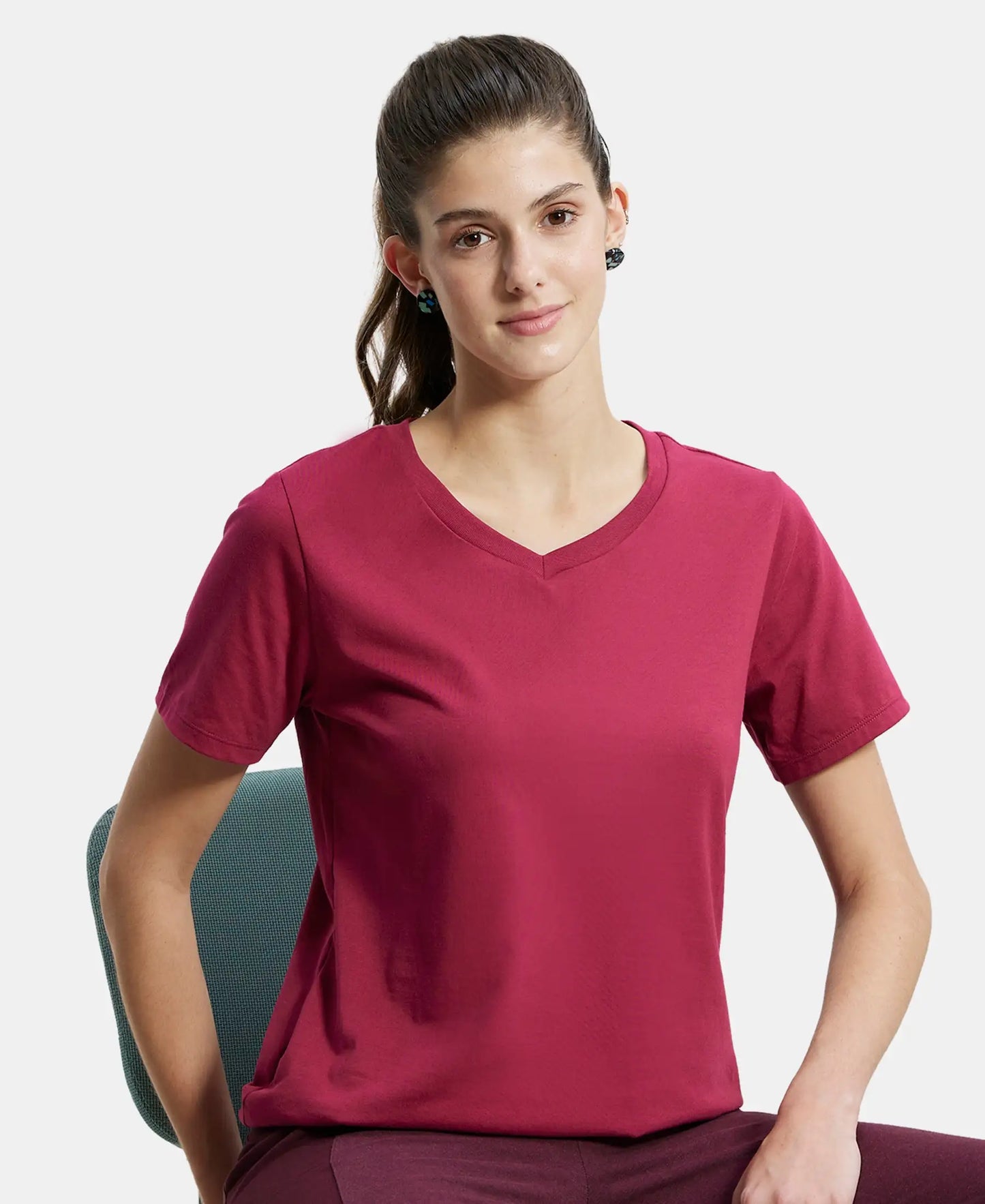 Super Combed Cotton Rich Relaxed Fit Solid Curved Hem Styled Half Sleeve T-Shirt - Red Plum-5