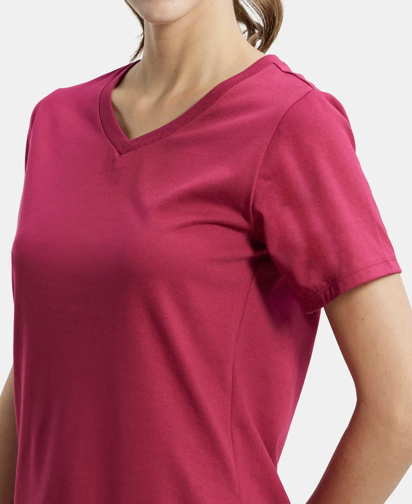 Super Combed Cotton Rich Relaxed Fit Solid Curved Hem Styled Half Sleeve T-Shirt - Red Plum-6