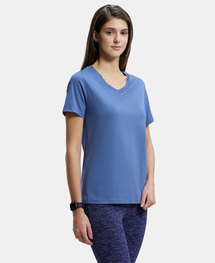 Super Combed Cotton Rich Relaxed Fit Solid Curved Hem Styled Half Sleeve T-Shirt - Topaz Blue-2
