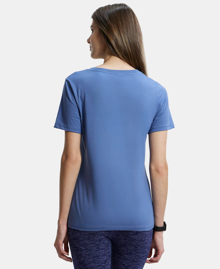 Super Combed Cotton Rich Relaxed Fit Solid Curved Hem Styled Half Sleeve T-Shirt - Topaz Blue-3