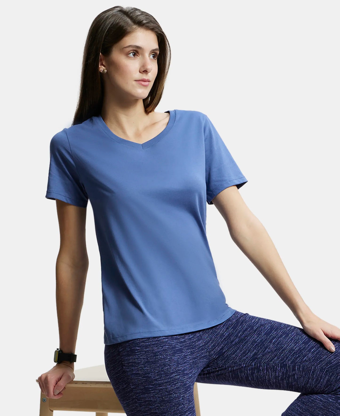 Super Combed Cotton Rich Relaxed Fit Solid Curved Hem Styled Half Sleeve T-Shirt - Topaz Blue-5
