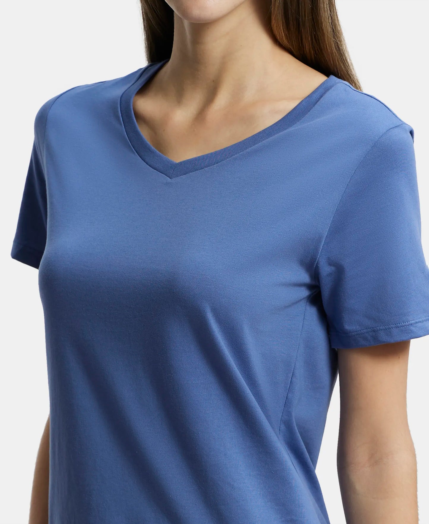 Super Combed Cotton Rich Relaxed Fit Solid Curved Hem Styled Half Sleeve T-Shirt - Topaz Blue-7