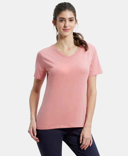 Super Combed Cotton Rich Fabric Relaxed Fit V-Neck Half Sleeve T-Shirt - Brandied Apricot-1