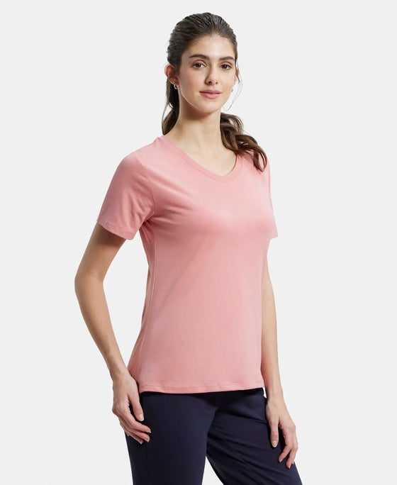 Super Combed Cotton Rich Fabric Relaxed Fit V-Neck Half Sleeve T-Shirt - Brandied Apricot-2