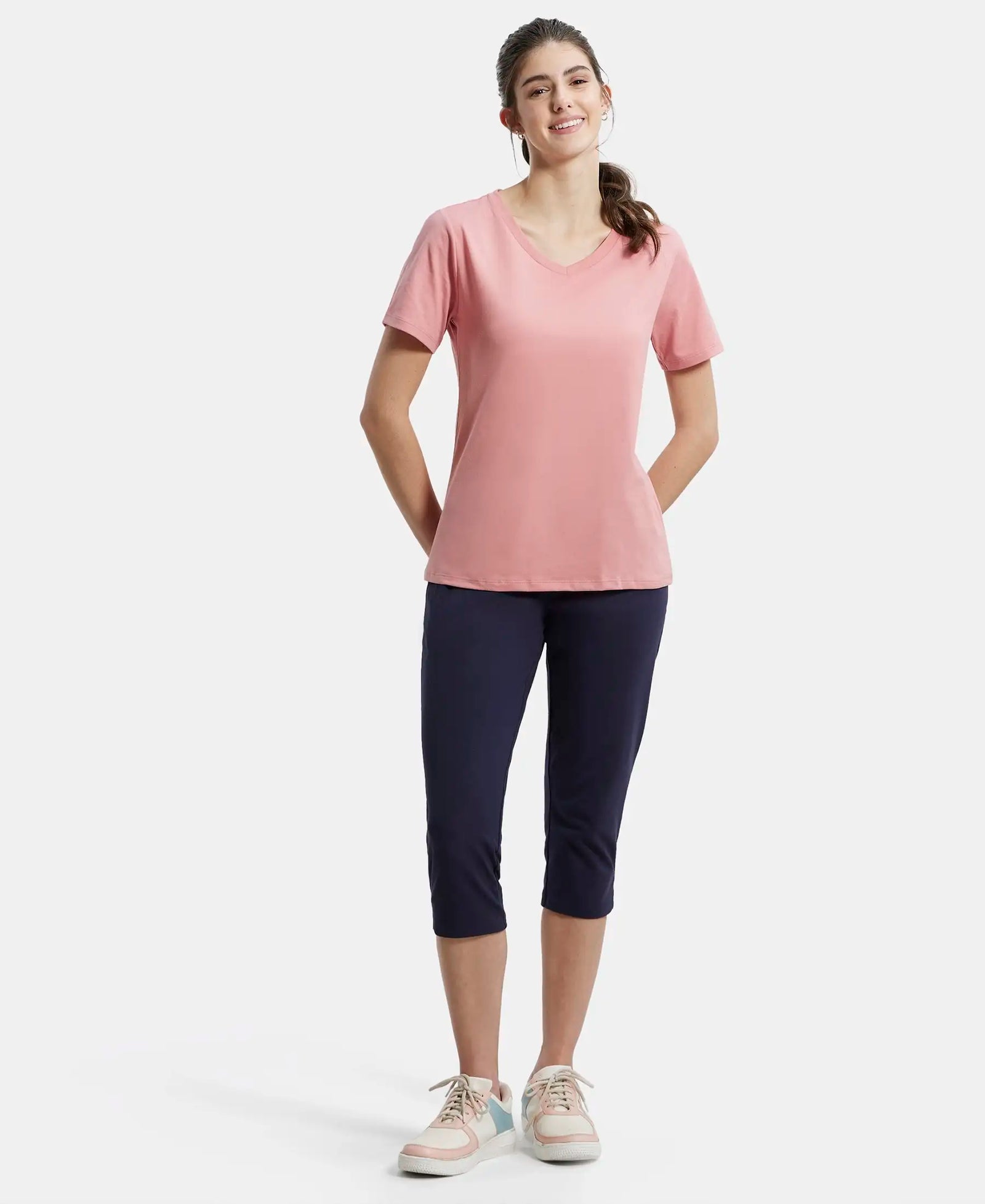 Super Combed Cotton Rich Fabric Relaxed Fit V-Neck Half Sleeve T-Shirt - Brandied Apricot-4
