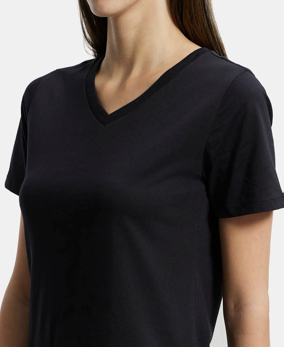 Super Combed Cotton Rich Fabric Relaxed Fit V-Neck Half Sleeve T-Shirt - Black-7