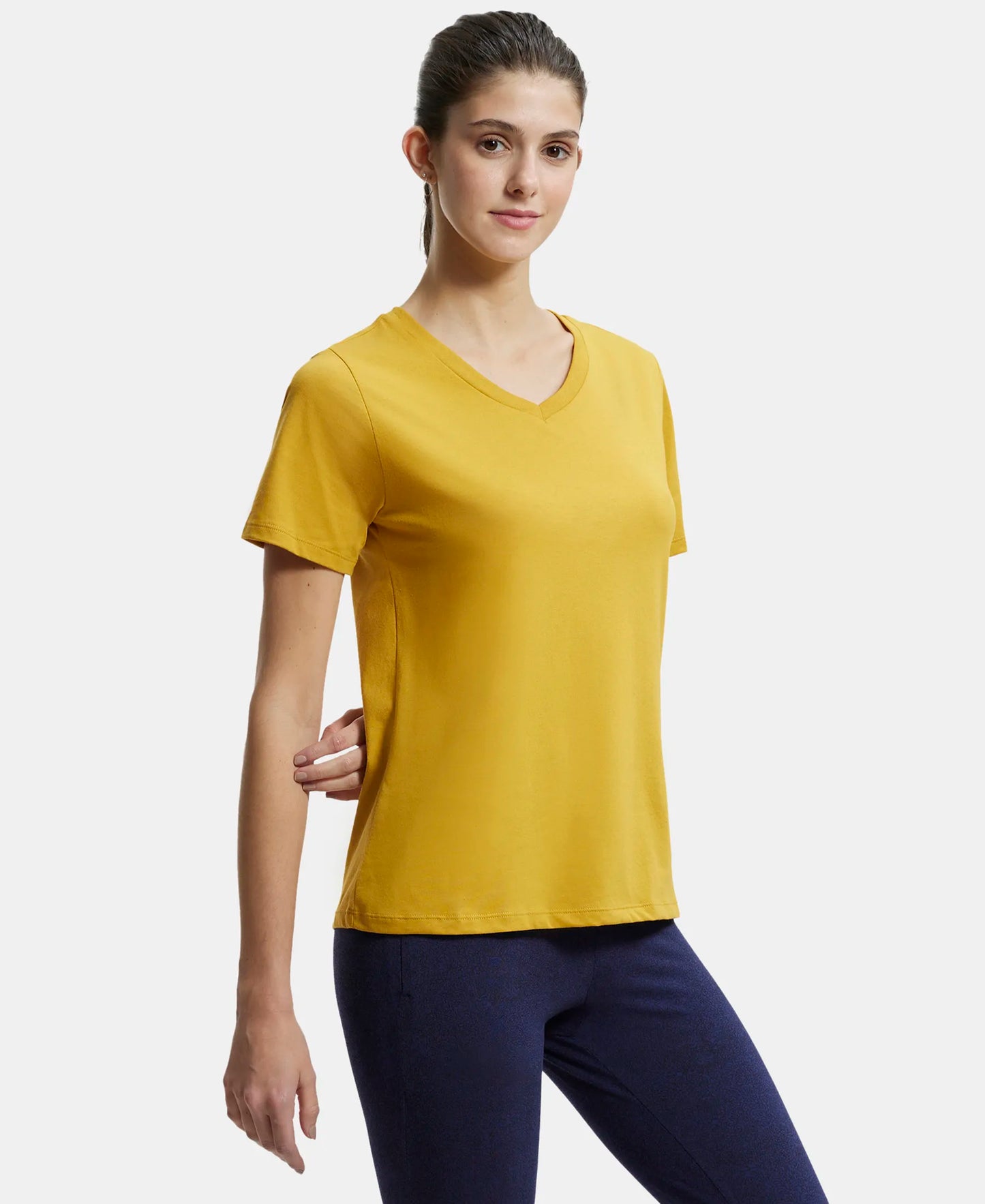 Super Combed Cotton Rich Fabric Relaxed Fit V-Neck Half Sleeve T-Shirt - Golden Spice-2